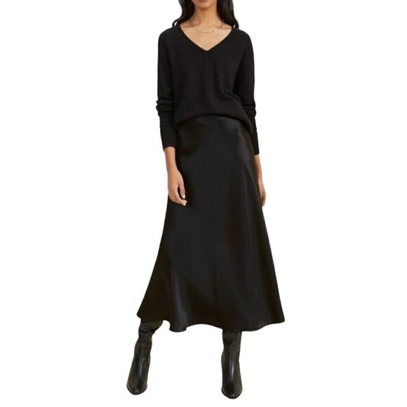 NEW Satin Maxi Skirt Sz. L Black Elastic Waist A-Line Classic Goth Feminine - Picture 3 of 11